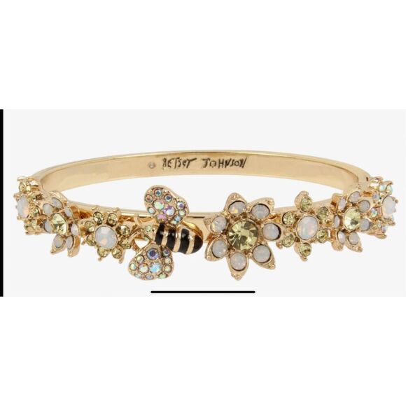 Betsey Johnson bumblebee gold hinged bracelet with embellished ￼flowers and an a - Picture 12 of 14